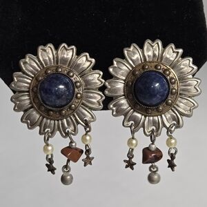 Vintage Mixed Metals w/Blue Stone Floral Dangle Clip Earrings 2"X1 1/4"